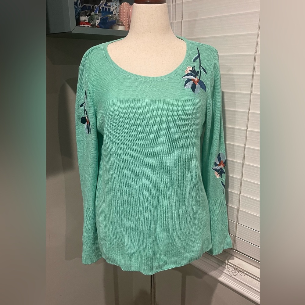 St. John's Bay Embroidered Mint Long
Sleeve Crew Neck Floral Pullover Sweater